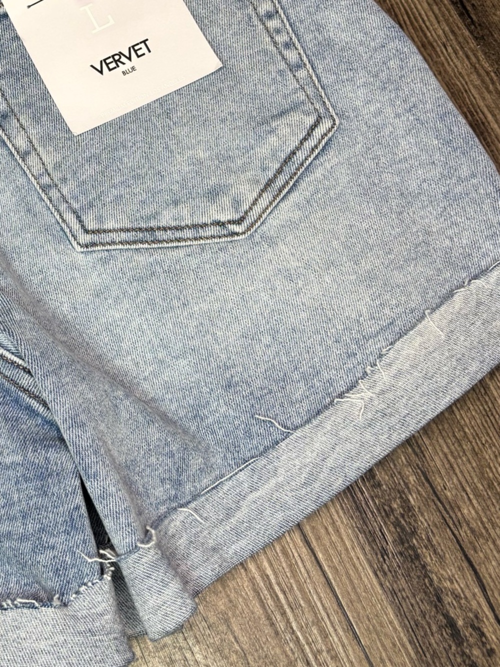 VERVET Blue Rebecca Light Blue Distressed Rolled Hem High Rise Denim Shorts - Picture 9 of 13